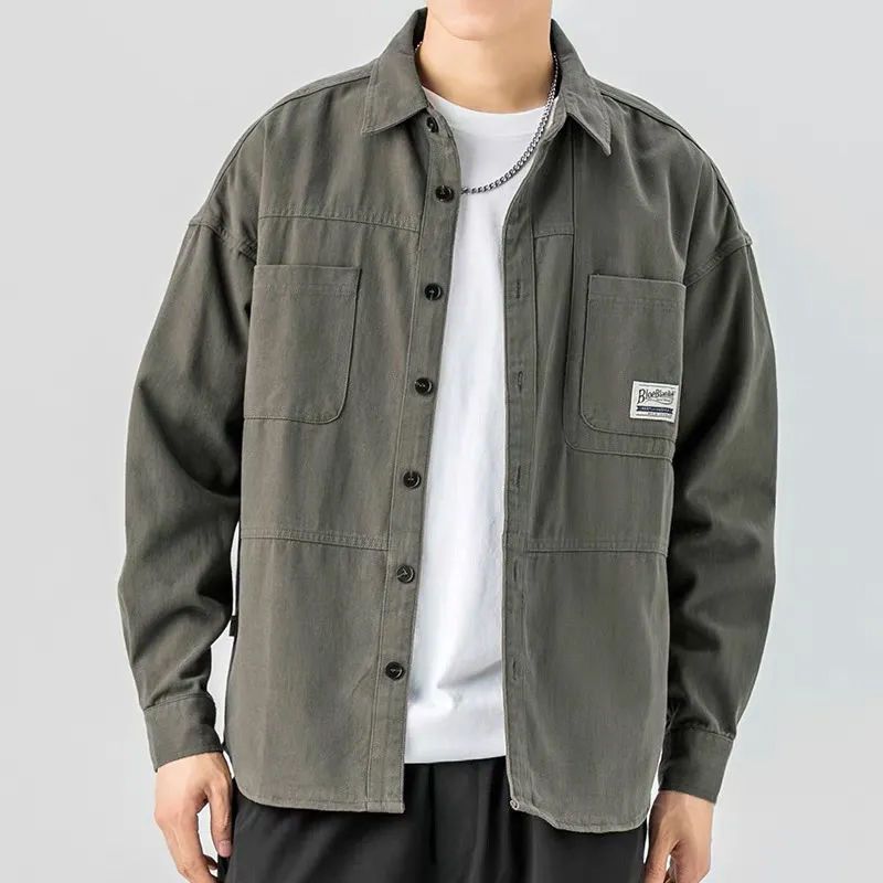 Retro Workwear Shirt Jacket Men's Spring and Autumn Casual Japanese Cotton Shirt Loose Jacket Wear-resistant Workwear