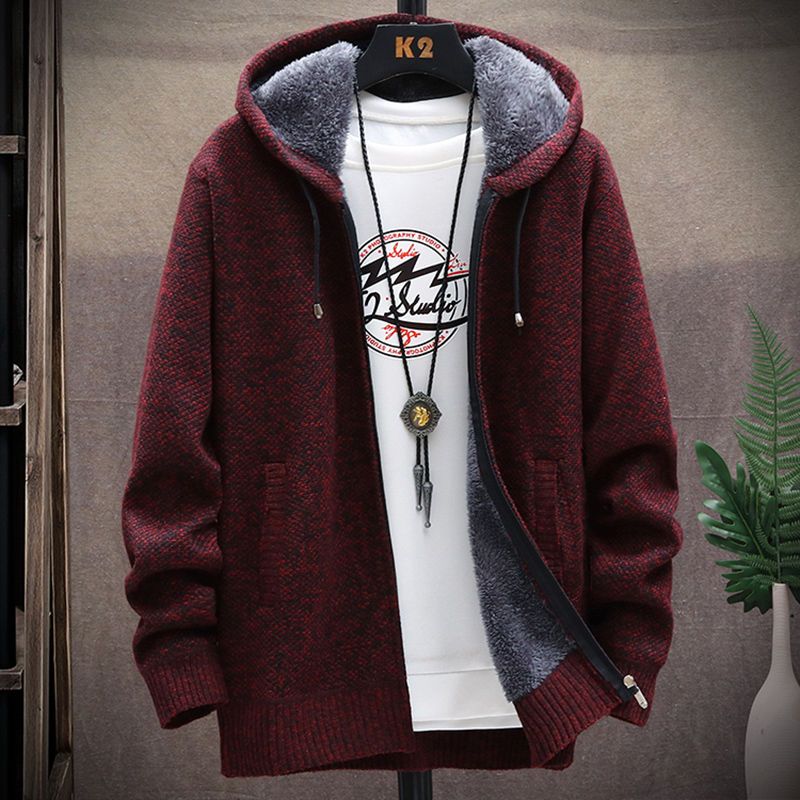 Men's knitted sweater men's cardigan Korean style trendy autumn and winter coat plus velvet thickened jacket top thickness optional