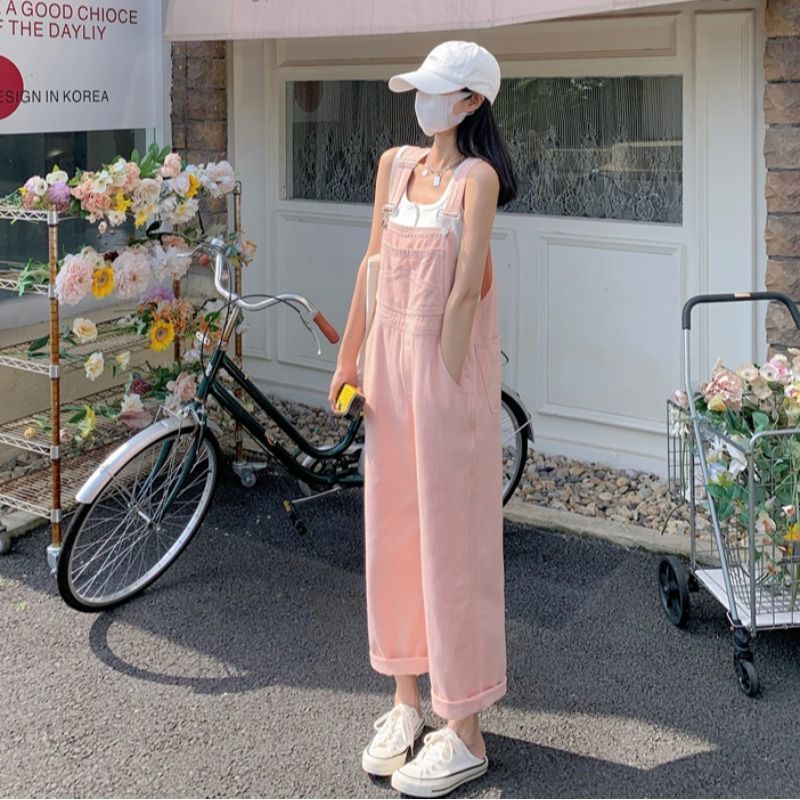 New denim overalls women's spring and summer net red sweet cool design feeling niche sweet and spicy small milk sweet pink pants
