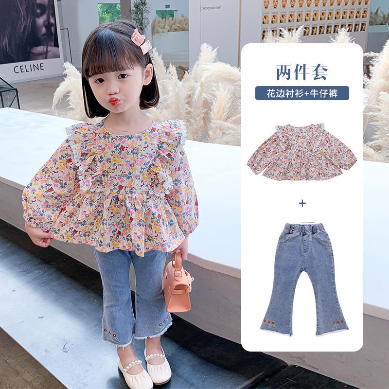 Girls' suit spring and autumn foreign style 2022 new trendy baby girl Korean version of net red floral jeans two-piece trendy