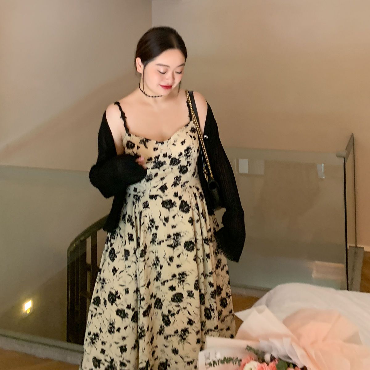 大碼女裝2022年秋季新款顯瘦法式茶歇吊帶連衣裙女胖mm外搭兩件套