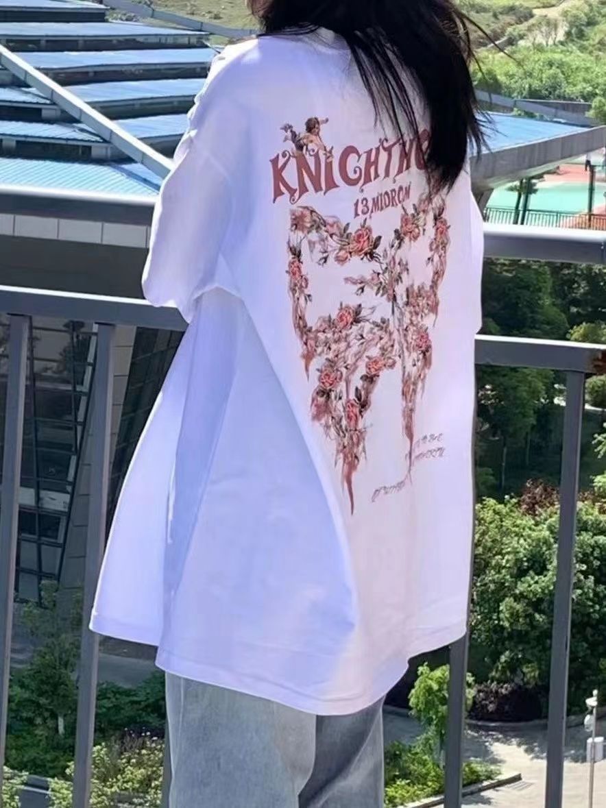 美式hiphop短袖t恤女純棉寬鬆慵懶風設計感高街蝴蝶結半袖上衣潮