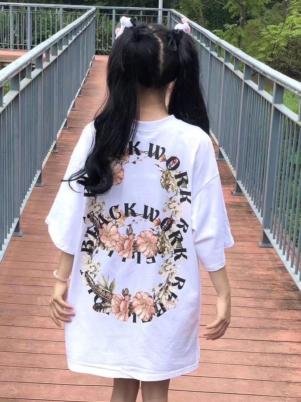 美式hiphop短袖t恤女100%純棉寬鬆慵懶風設計感高街花卉上衣新款