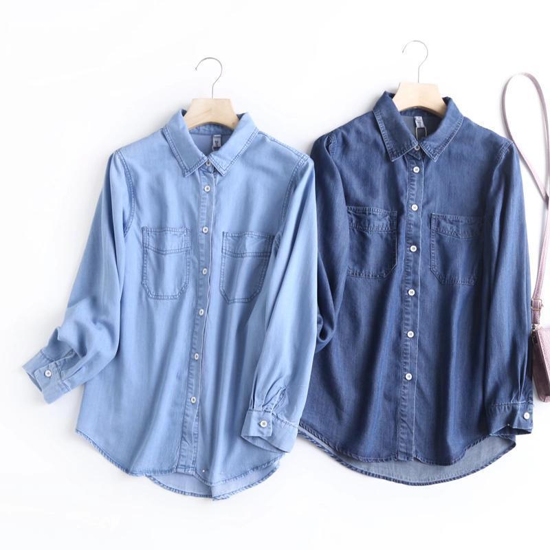 Early autumn tops denim long-sleeved shirts  new high-end chic slim tops Western-style shirts women