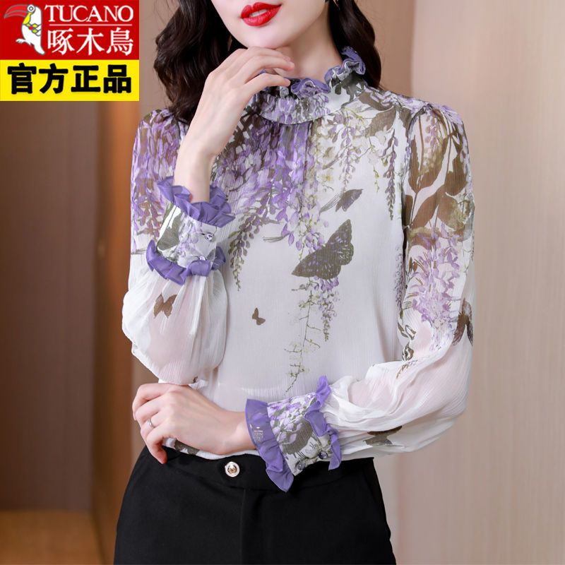 啄木鳥正品時尚印花襯衫女士長袖上衣2022秋裝新款洋氣漂亮小衫潮