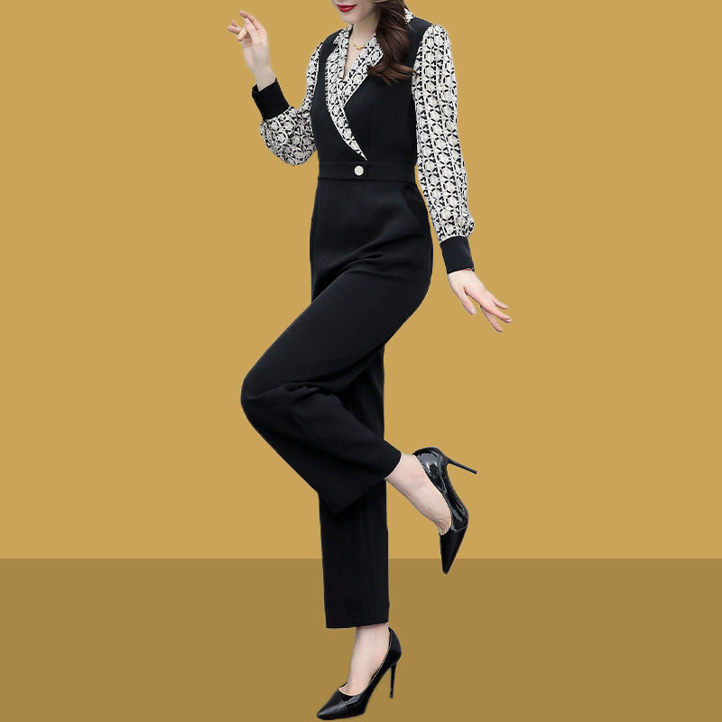 Printed suit collar jumpsuit trousers 2022 spring and autumn new high waist temperament slim wide-leg jumpsuit suit women