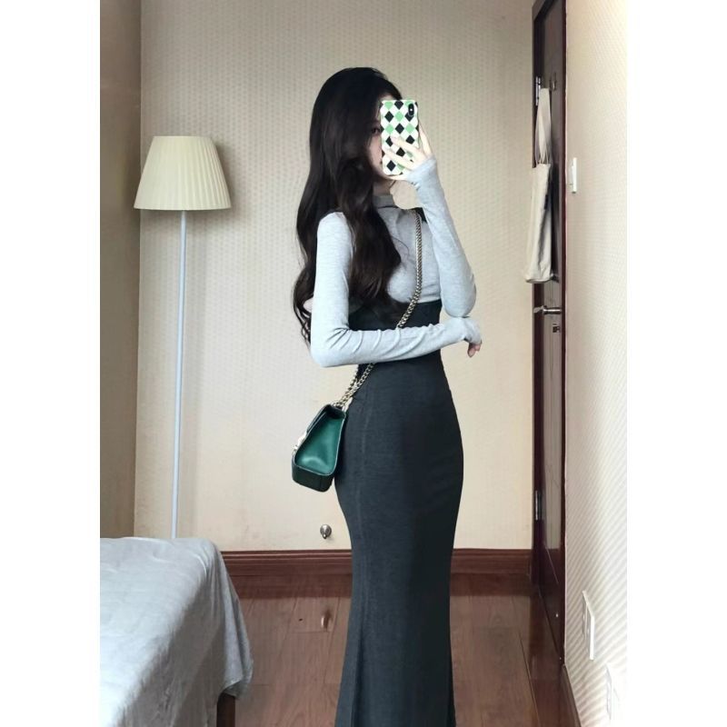 Two-piece pure desire sexy design sense slit dress elegant temperament slim waist skirt + gray bottoming T-shirt