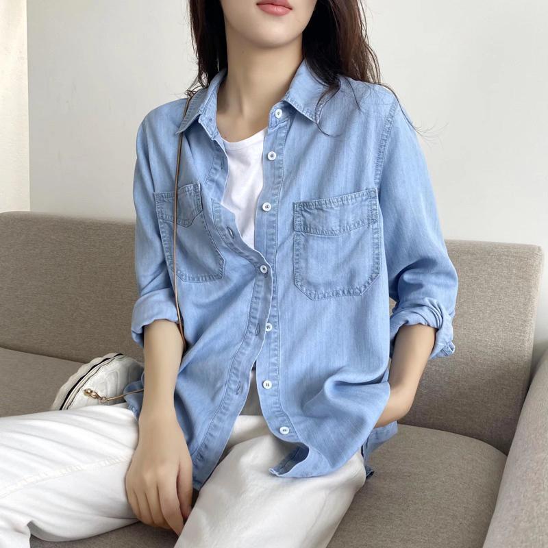 Early autumn tops denim long-sleeved shirts  new high-end chic slim tops Western-style shirts women