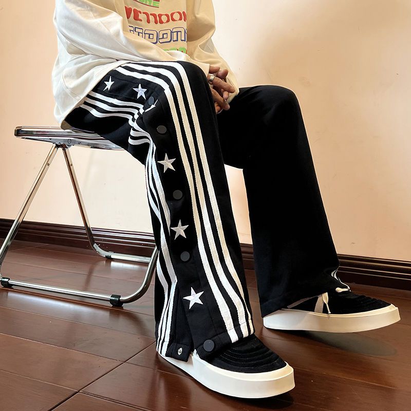 Autumn American retro striped breasted star embroidered trousers for men and women ins tide brand original Hong Kong style sports pants