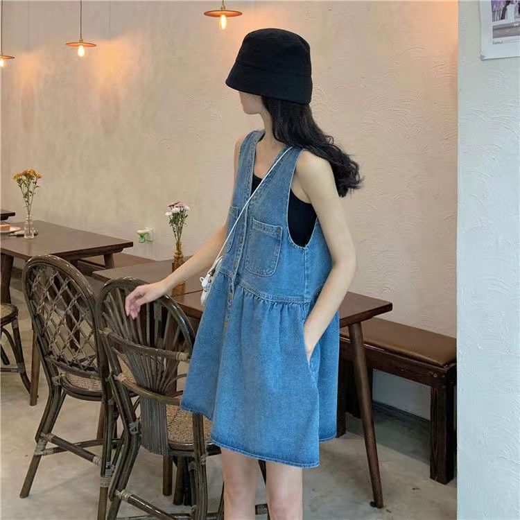 French retro small denim strap skirt women's summer  new all-match slim V-neck small dress