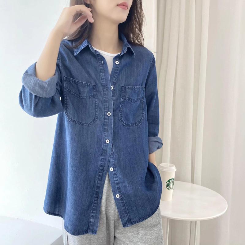 Early autumn tops denim long-sleeved shirts  new high-end chic slim tops Western-style shirts women