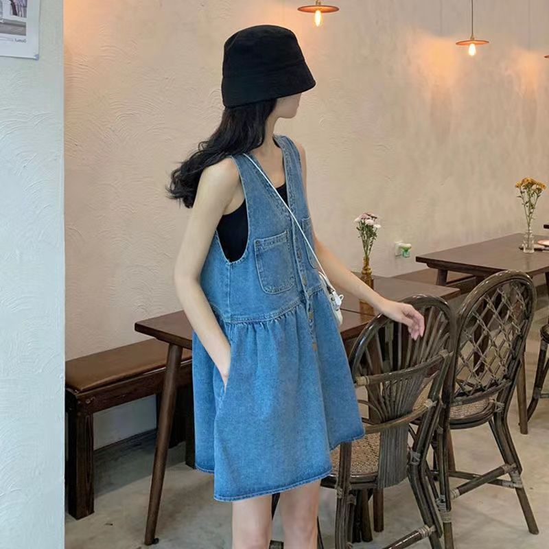 French retro small denim strap skirt women's summer  new all-match slim V-neck small dress