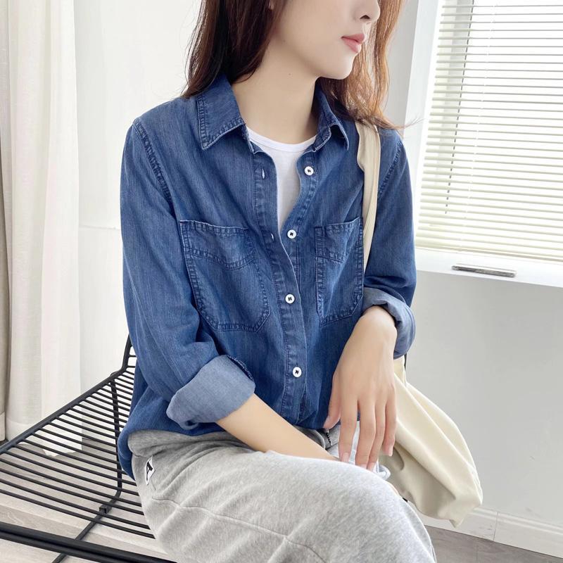 Early autumn tops denim long-sleeved shirts  new high-end chic slim tops Western-style shirts women