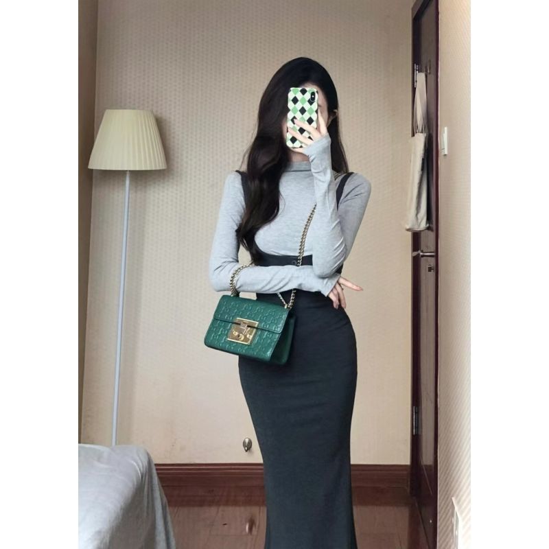 Two-piece pure desire sexy design sense slit dress elegant temperament slim waist skirt + gray bottoming T-shirt