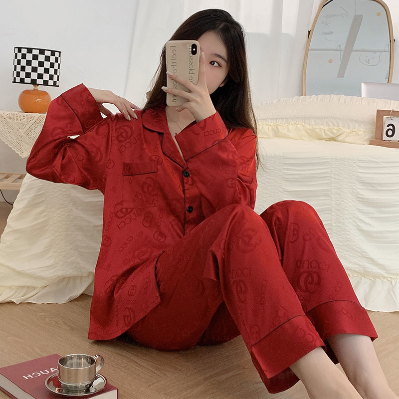 Pajamas women's ice silk thin section high-end spring and autumn long-sleeved suit luxury sexy student home clothes can be worn outside