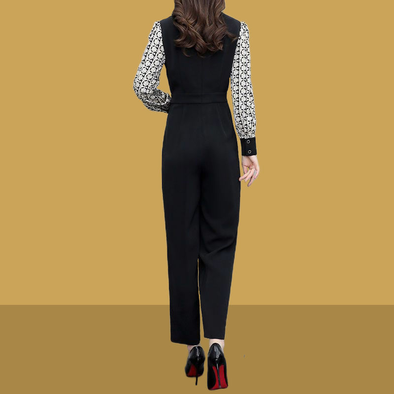 Printed suit collar jumpsuit trousers 2022 spring and autumn new high waist temperament slim wide-leg jumpsuit suit women