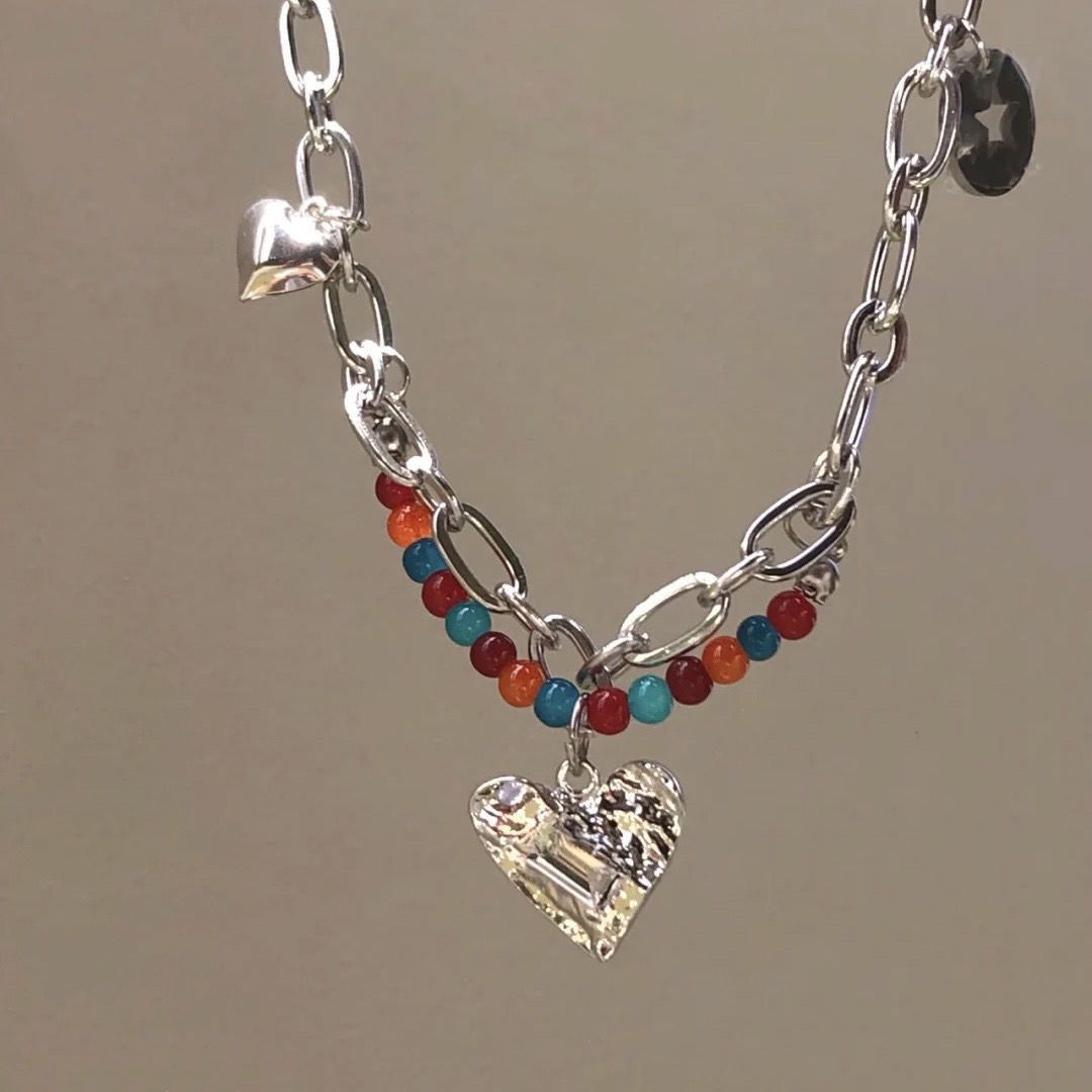 Little Annie titanium steel colorful beaded love necklace for women ins niche personality versatile fashionable titanium steel clavicle chain