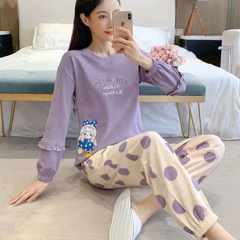 Ins student dormitory pajamas female spring and autumn new long-sleeved round neck casual cartoon large size winter home service suit