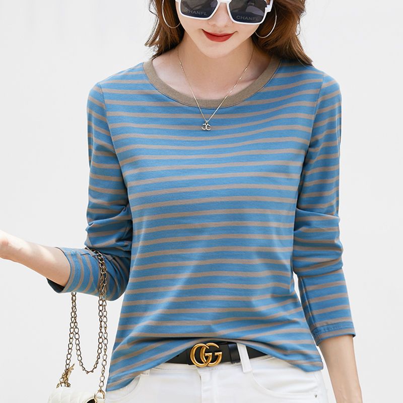 Striped bottoming shirt women wear early autumn foreign style round neck loose slim all-match long-sleeved t-shirt casual outerwear tops