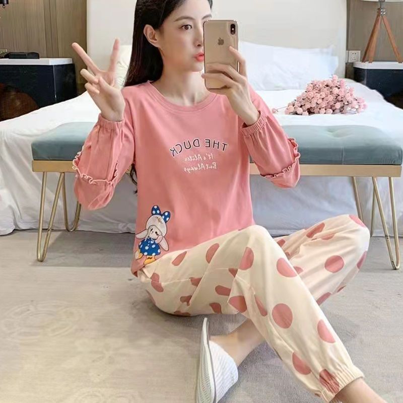 Fat mm pajamas women's spring and autumn long-sleeved trousers ins solid color v-neck sweet lady loose large size home service suit