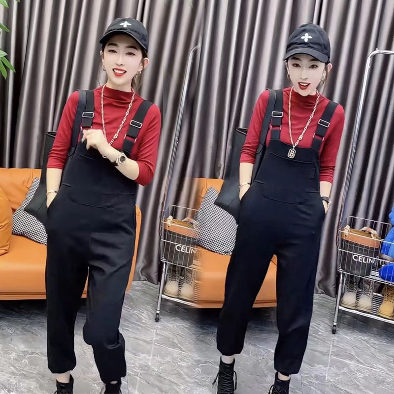  early autumn new fashion black overalls women's Korean style temperament with pockets loose and thin all-match jumpsuit trend
