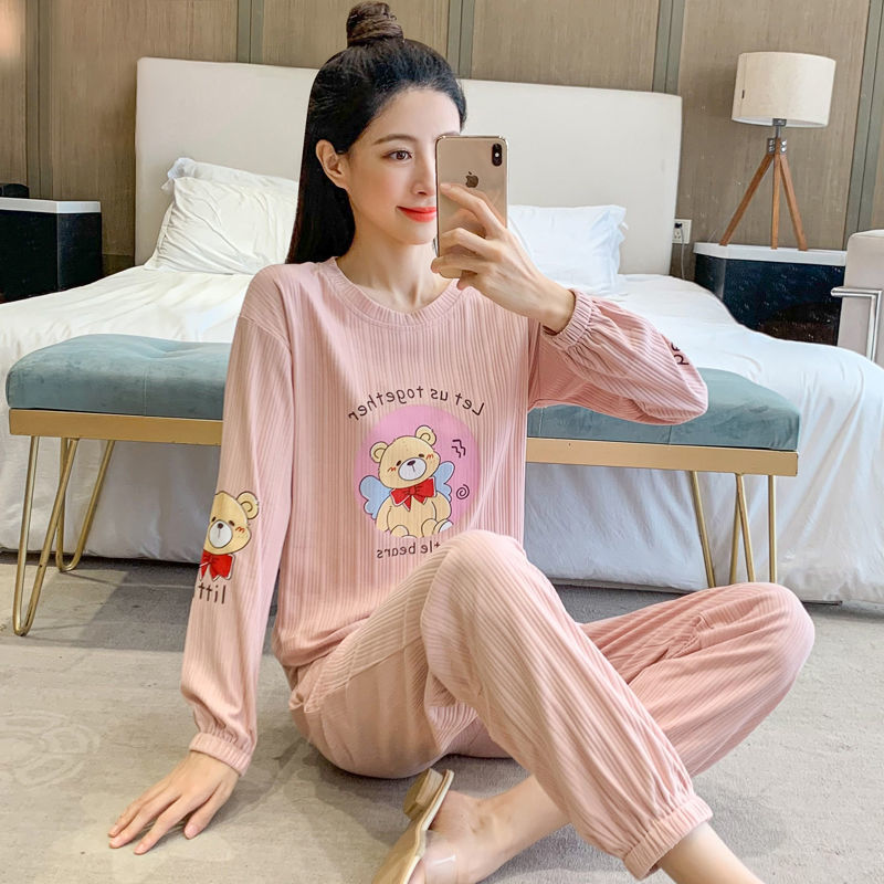 100% double-sided pajamas women's spring and autumn style long-sleeved round neck pullover can be worn outside sweet ladies trousers home service suit
