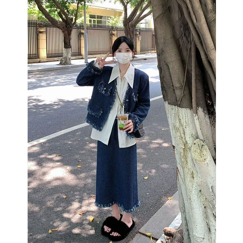 牛仔套裝女春秋季女裝兩件套裝高級感設計感毛毛邊外套半身中長裙