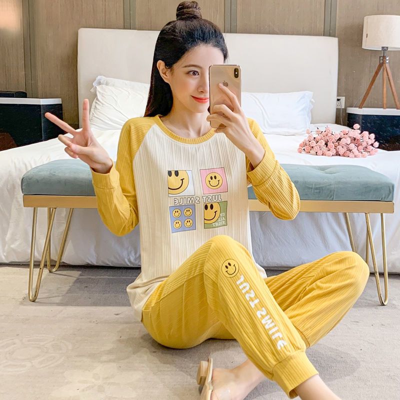 100% double-sided pajamas women's spring and autumn style long-sleeved round neck pullover can be worn outside sweet ladies trousers home service suit