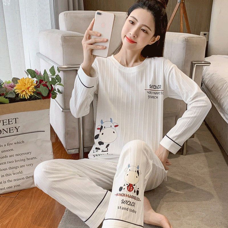 100% double-sided pajamas women's spring and autumn style long-sleeved round neck pullover can be worn outside sweet ladies trousers home service suit