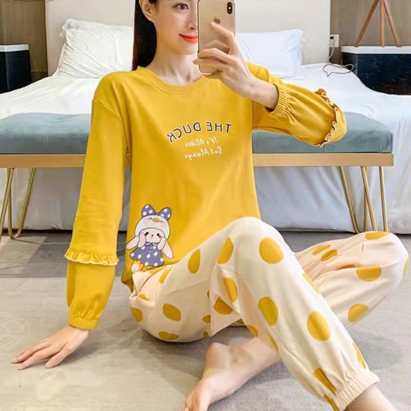 Fat mm pajamas women's spring and autumn long-sleeved trousers ins solid color v-neck sweet lady loose large size home service suit