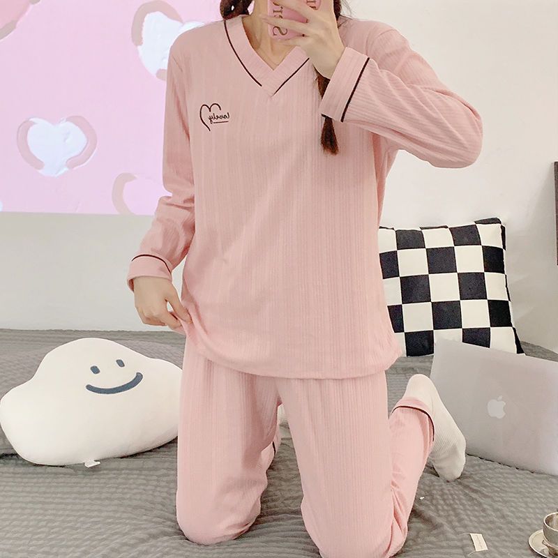 Fat mm pajamas women's spring and autumn long-sleeved trousers ins solid color v-neck sweet lady loose large size home service suit