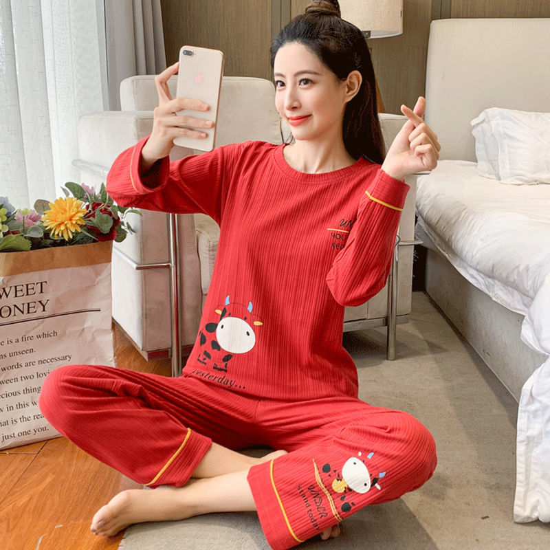 Ins student dormitory pajamas female spring and autumn new long-sleeved round neck casual cartoon large size winter home service suit