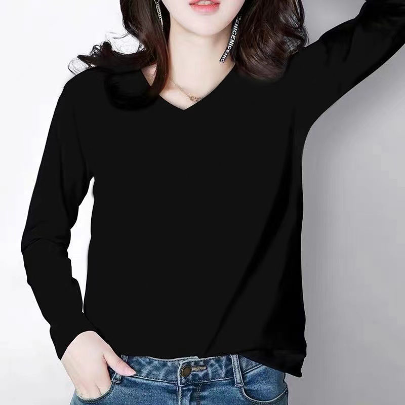 高品質棉雞心領長袖T恤女春秋季新款韓版寬鬆簡約印花休閒打底衫