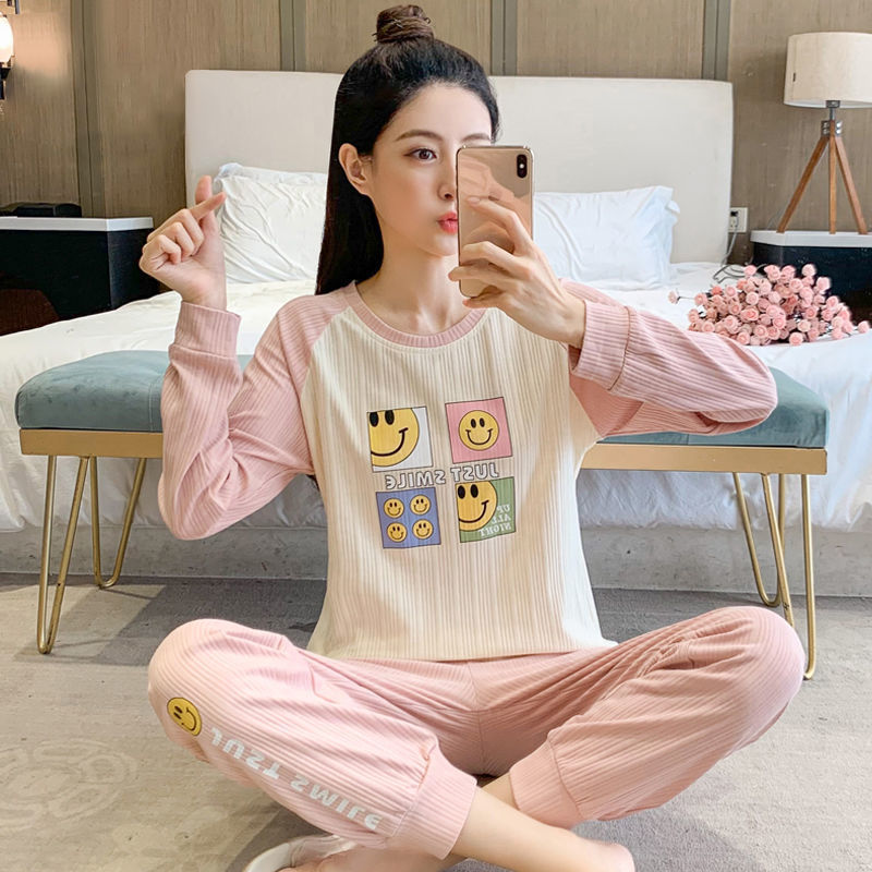 100% double-sided pajamas women's spring and autumn style long-sleeved round neck pullover can be worn outside sweet ladies trousers home service suit