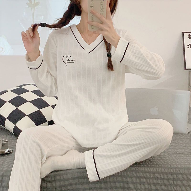 100% double-sided pajamas women's spring and autumn style long-sleeved round neck pullover can be worn outside sweet ladies trousers home service suit