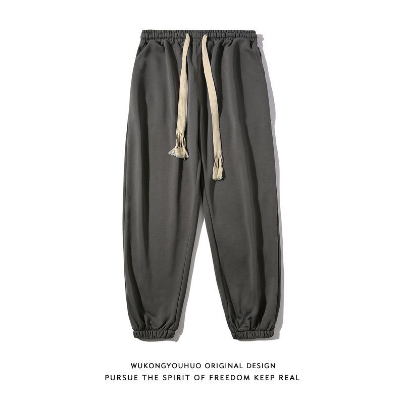 Summer retro solid color sports pants men's trendy brand street loose large size elastic waist and feet casual American pants