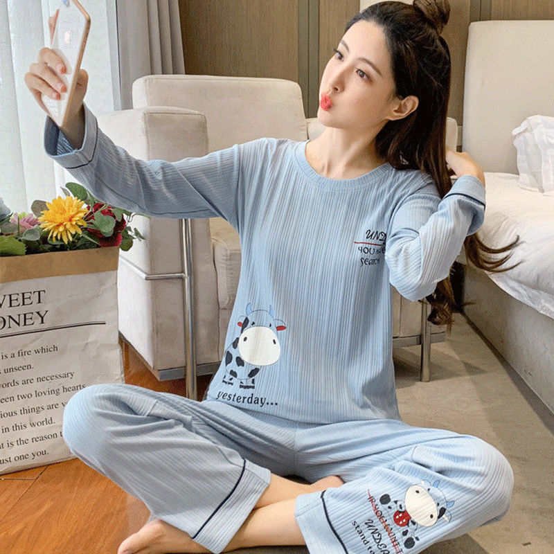 Ins student dormitory pajamas female spring and autumn new long-sleeved round neck casual cartoon large size winter home service suit