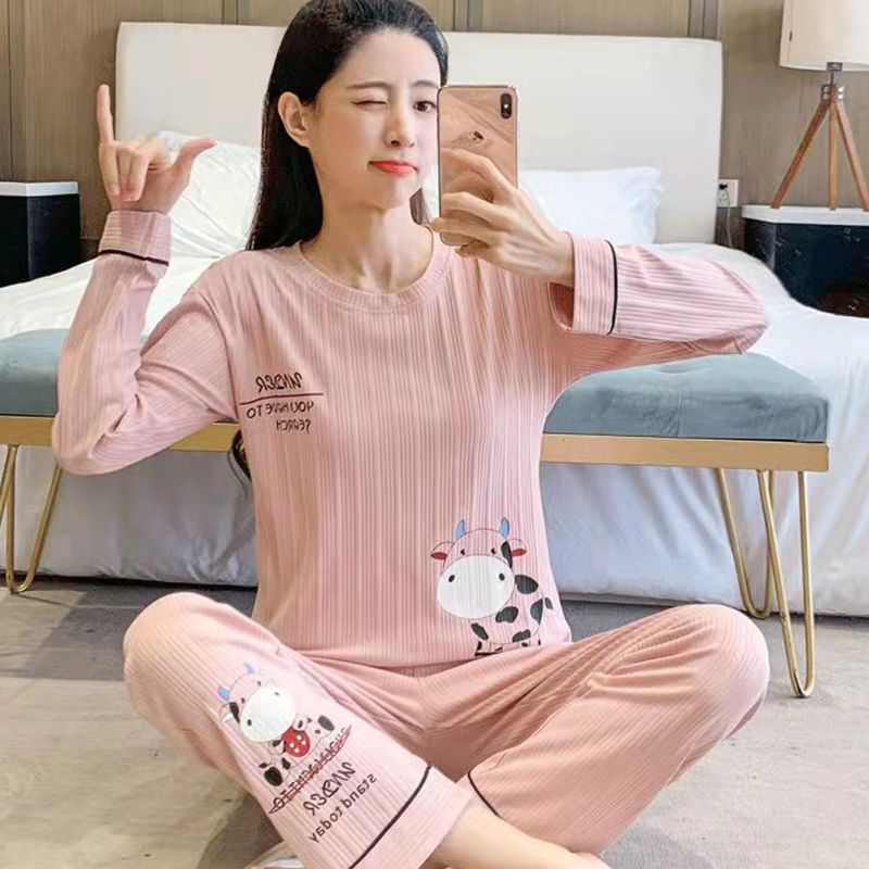 100% double-sided pajamas women's spring and autumn style long-sleeved round neck pullover can be worn outside sweet ladies trousers home service suit