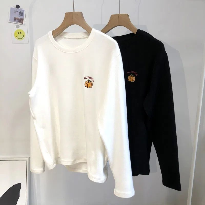 德絨刺繡加厚磨毛白色T恤女 秋冬內搭寬鬆圓領休閒長袖打底衫上衣