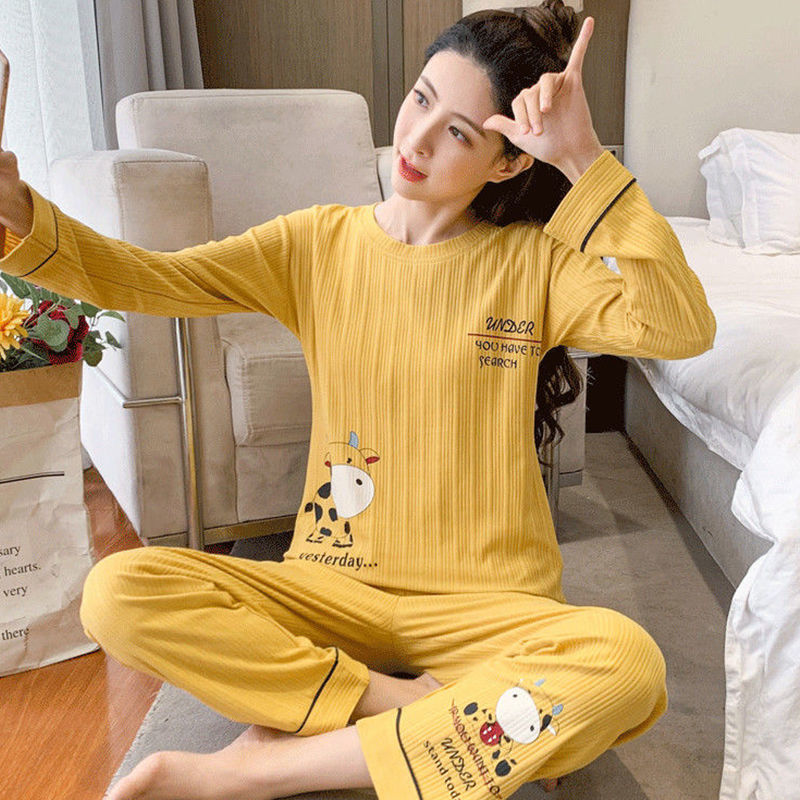 100% double-sided pajamas women's spring and autumn style long-sleeved round neck pullover can be worn outside sweet ladies trousers home service suit