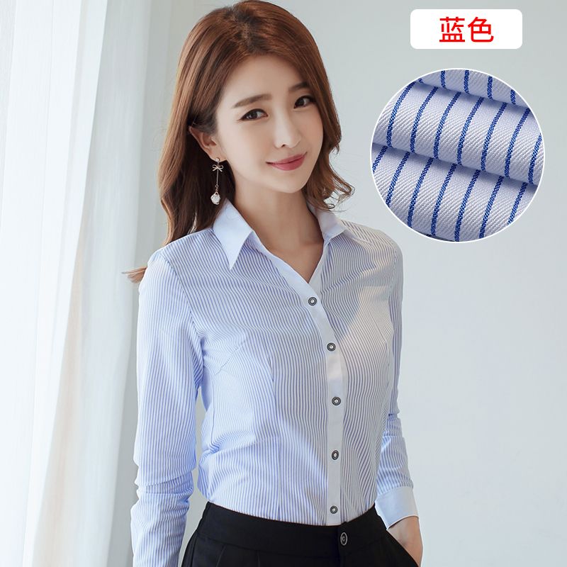 蓝白条纹长袖衬衫白色衬衣女银行工作服斜纹暗纹正装薄款修身衬衣