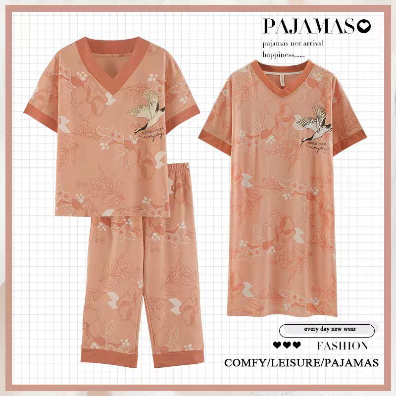 Pajamas women's summer pure cotton three-piece suit short-sleeved cropped pants nightdress 2022 new style can be worn outside home