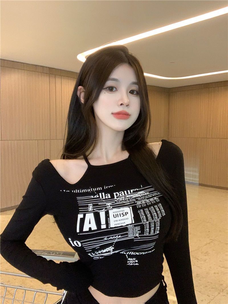 Autumn small sexy off-the-shoulder tight-fitting t-shirt women's hanging neck showing chest big short section clavicle-free self-cultivation bottoming top winter