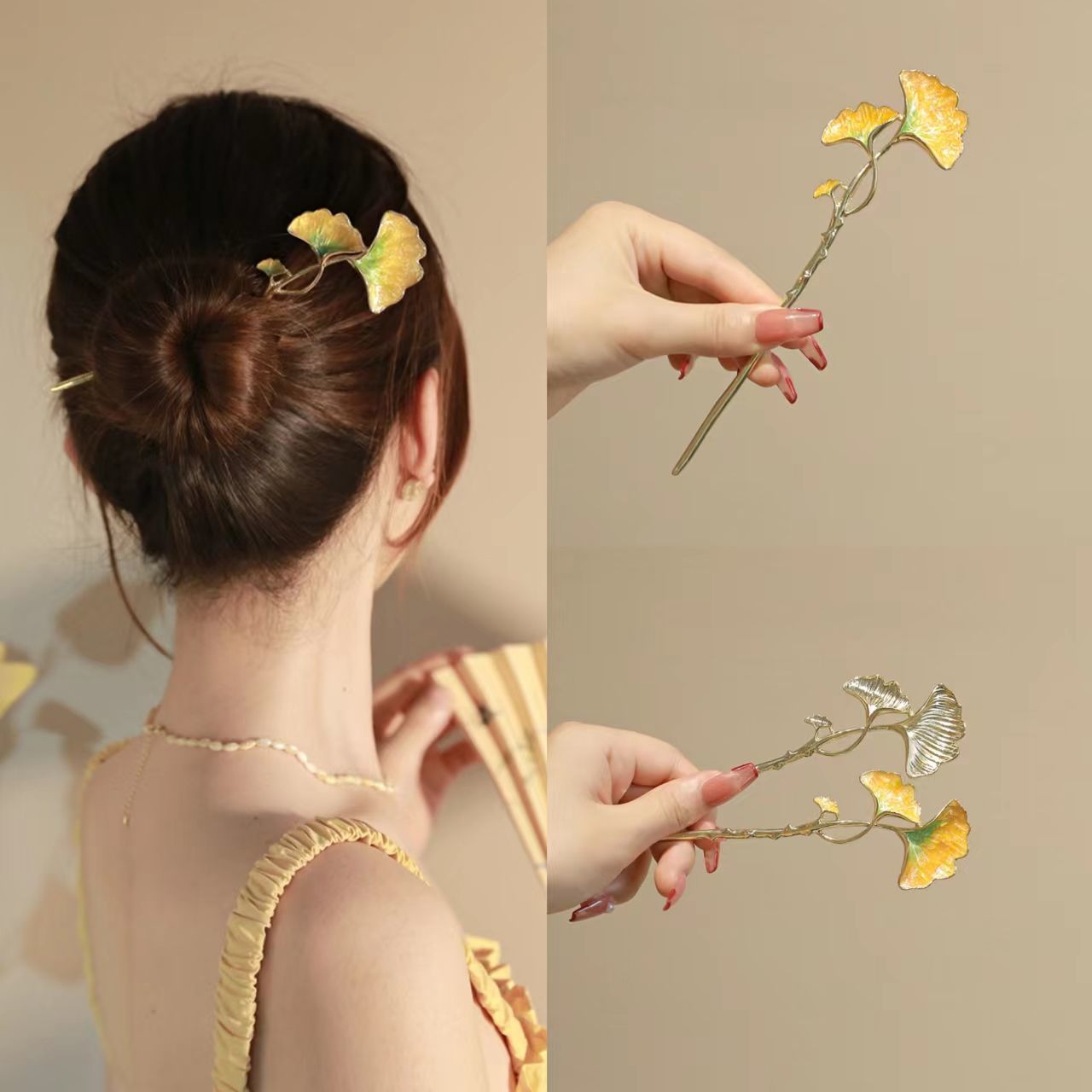Elegante fermaglio per capelli ginkgo stile foresta per donna_voghion.com