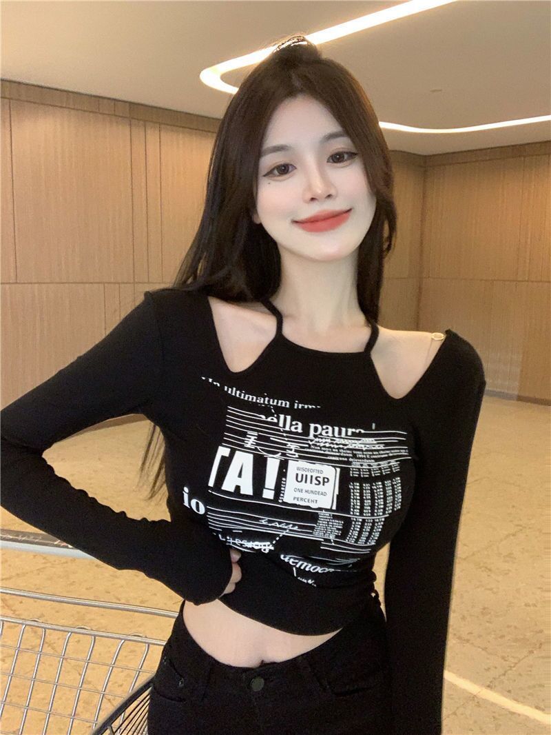 Autumn small sexy off-the-shoulder tight-fitting t-shirt women's hanging neck showing chest big short section clavicle-free self-cultivation bottoming top winter