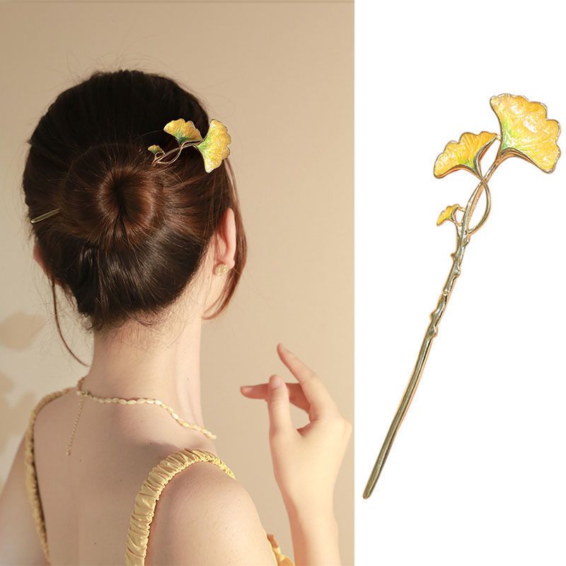Épingle à cheveux droite en forme de feuille de ginkgo, style forêt, pour l'arrière de la tête ; épingle à cheveux requin élégante et stylée de style ancien._voghion.com