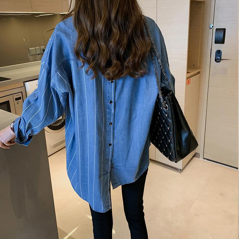 法式蓝色长袖牛仔衬衫女秋设计感小众宽松条纹独特别致外套上衣