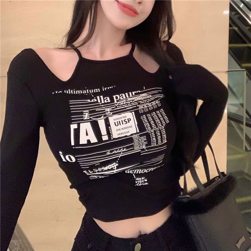 Autumn small sexy off-the-shoulder tight-fitting t-shirt women's hanging neck showing chest big short section clavicle-free self-cultivation bottoming top winter