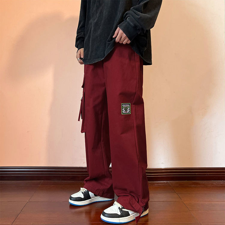 Wine red overalls men's autumn pure cotton American tide brand casual pants ins trend loose straight wide leg pants