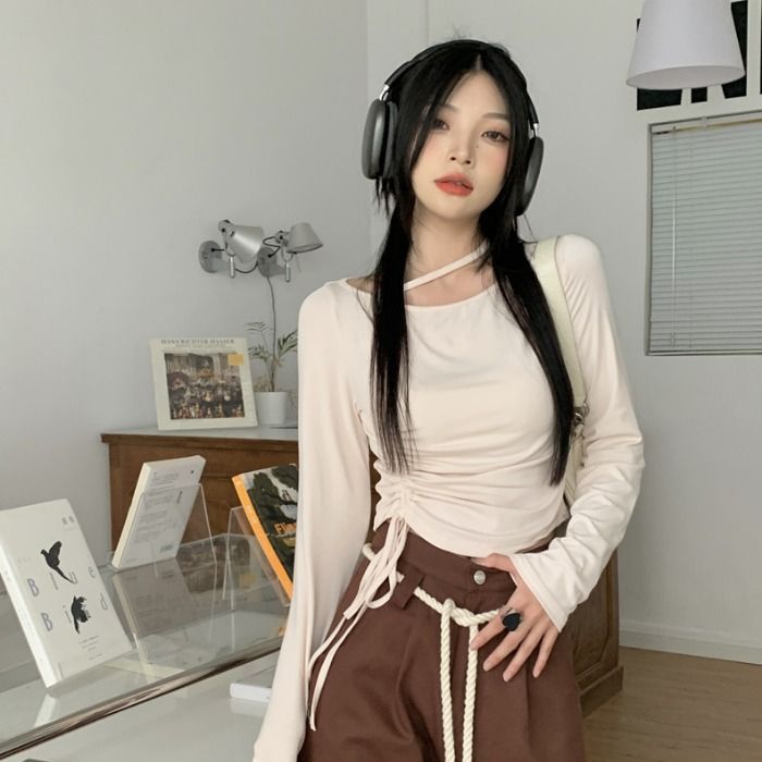 設計感辣妹長袖t恤女純欲風性感抽繩短款正肩上衣純色修身打底衫